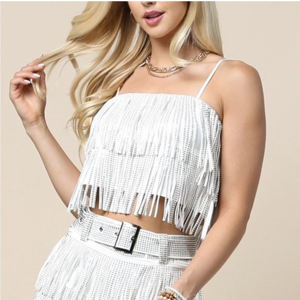 NYLON Two piece white fringe set with studs